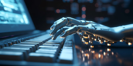 Generative AI Human finger is on the keys on the computer keyboard, close up view. Finger on the gaming keyboard key with led light, macro shot. Low angle view with a soft focus.の素材