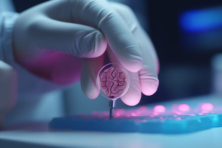 Generative AI Macro shot of a person with medical gloves and tweezers inspecting a pile of micro plastics. Concept of water pollution and global warming. Macro shot of micro plastics. Cool blue filter applied.の素材