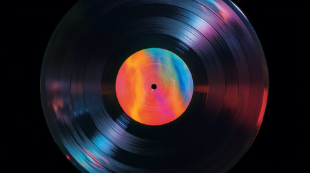 Generative AI Macro shot of blue and orange vinyl record. Surface of an old vinyl record. Shallow deph of field. Selective focus.の素材
