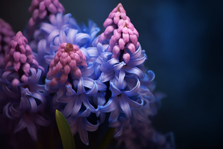 Generative AI Macro shot of Muscari armeniacum, Armenian Grape Hyacinth, Blue Small Bells Flowerの素材