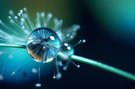 Generative AI Beautiful dew drops on a dandelion seed macro. Beautiful soft light blue and violet background. Water drops on a parachutes dandelion on a beautiful blue. Soft dreamy tender artistic image form.の素材