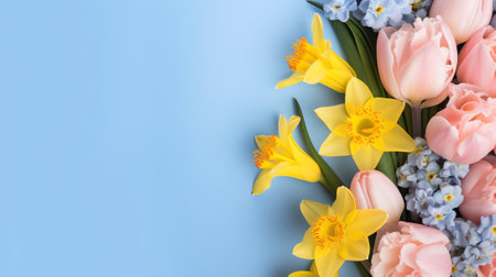 Generative AI Tulips flowers yellow-blue. Floral background. Close-up. Nature.の素材