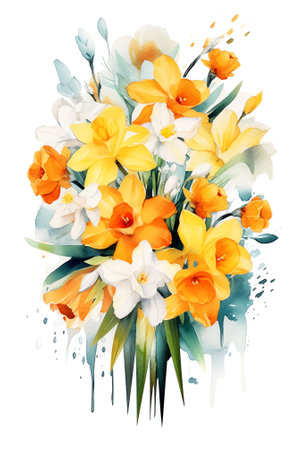 Generative AI bouquet Yellow narcissus flowers in a glass vase Isolated on white background and space for your text.の素材