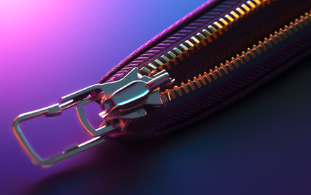 Generative AI Gold zipper tightly closed binding together two layers of purple pink fabric textile under high magnification close detail photography as texture background.の素材