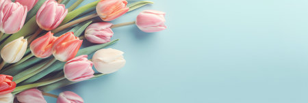 Generative AI Tulips flowers turquoise-yellow. Floral background. Close-up. Nature.の素材