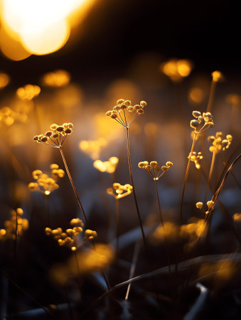 Generative AI Macro photography of two tiny yellow wild flowers isolated on a dark blurred background with soft bokeh effect and negative space. Artistic post editing toned in moody colorsの素材