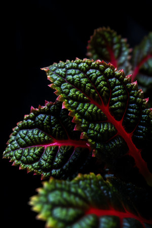 Generative AI Blooming Coleus plant in sunlight macro photography. Garden Coleus blumei plant with bright red foliage in sunset light close-up photography. Red leaves with yellow edges in the summer.の素材
