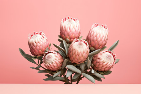 Generative AI Protea flowers bunch. Blooming Pink King Protea Plant over grey background. Extreme closeup. Holiday gift, bouquet, buds. One Beautiful fashion flower macro shot. Valentine's Day giftの素材