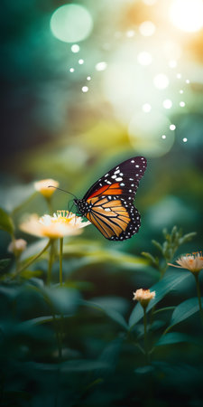Generative AI Macro or an orange butterfly on teal and green colored grass. Shallow depth of field, dreamy and magical scenery, light shining from the corner. Tall vertical wallpaper photoの素材