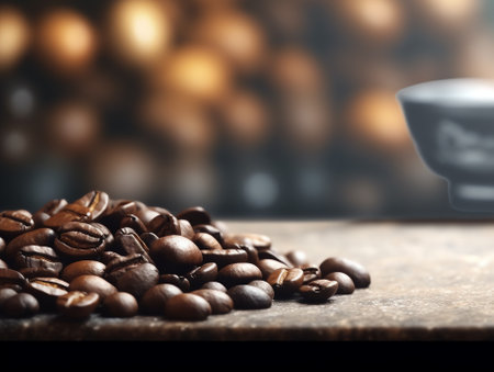 Generative AI Coffee beans concept on wooden table background. Close up macro photography.の素材