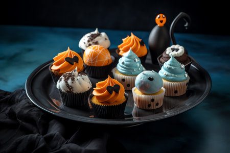 Generative AI Chiaroscuro or dark food macro photography, lay flat or top view of vanilla cupcakes with chocolate chips on a black plate, concept of homemade desserts.の素材