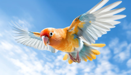 Generative AI A closeup shot of a bird flying against a blue skyの素材