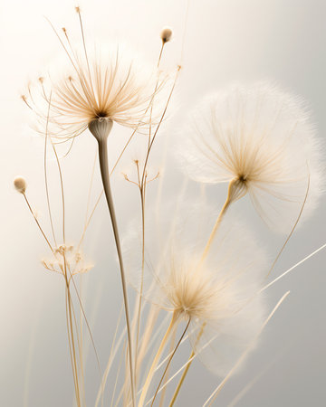 Generative AI Close up macro image of dandelion seed heads with detailed lace-like patterns, on the Greek island of Kefalonia.の素材
