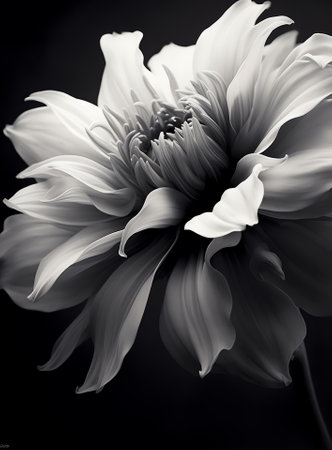 Generative AI Details of dahlia flower macro photography. Black and white photo emphasizing texture, high contrast and intricate floral patterns. Floral head in the center of the frame.の素材