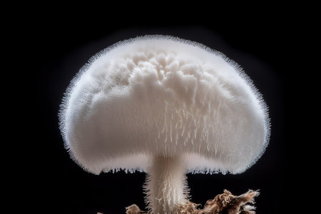 Generative AI close-up macro photography of a small mushroom among white mossの素材