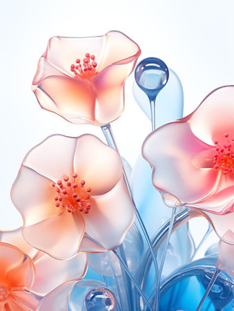 Generative AI Abstract macro photo with water drops.Artistic Background for desktop. Flowers made with pastel tones.Tranquil abstract closeup art photography.Print for Wallpaper...Floral fantasy design...の素材