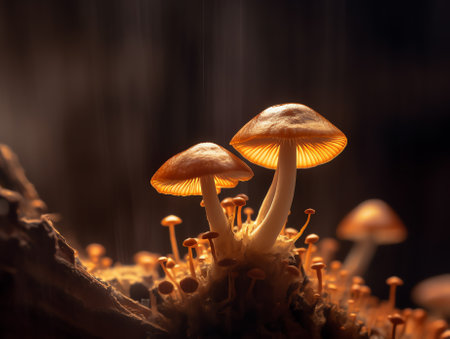 Generative AI Close up beautiful bunch mushrooms color light. Macro photography view. Close-up of pixel.の素材