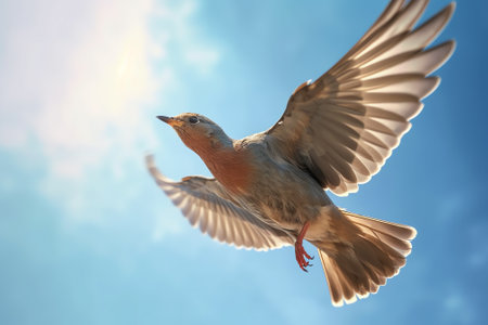 Generative AI A closeup shot of a bird flying against a blue skyの素材