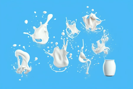 Generative AI Milk pours into a beautiful crystal glass on a blue background and splashes around.の素材