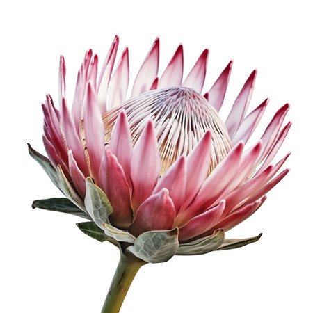 Generative AI Protea flowers bunch. Blooming Pink King Protea Plant over grey background. Extreme closeup. Holiday gift, bouquet, buds. One Beautiful fashion flower macro shot. Valentine's Day giftの素材