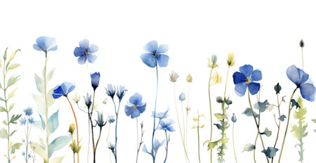 Generative AI wild blue flowers and grass closeup, horizontal panorama photoの素材
