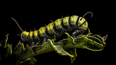 Generative AI Close up of Caterpillar swallowtail butterfly Papilio machaon climbing up a branchの素材