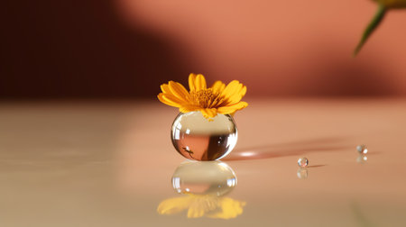 Generative AI Reflection of the flower in the dew drop. A drop of water on the petal of a yellow flower close-up macro. Gentle romantic spring artistic image. Soft pastel background blur .の素材