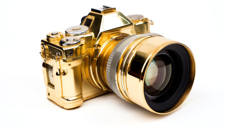 Generative AI Modern nonexistent gold DSLR macro camera lens on white background. 3D rendering and illustration of professional photography gear for live streaming and vloggingの素材