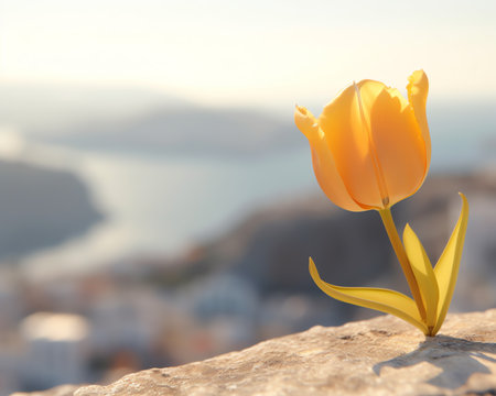 Generative AI Macro of single isolated yellow tulip flower against soft, blurred dark background with bokeh. Foreground flowers creating fore-like blurの素材