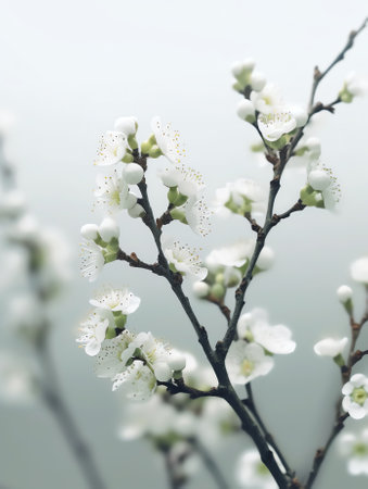 Generative AI Macro photo of white, blossoming, Bradford pear tree flowers in early spring.の素材