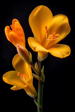 Generative AI Dark yellow flower macro isolated on black background . close-up. Black background. Nature flower artificial light studio photograph.の素材