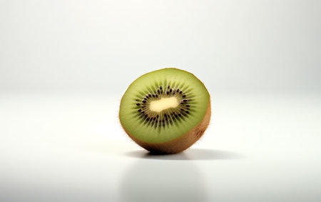 Generative AI A slice of ripe juicy kiwi closeup. Detailed bright macro photo. The concept of fruit harvest, vegetarianism, useful healthy food, vitamins. Abstract food image.の素材