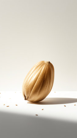 Generative AI Single Almond seed (Prunus dulcis) isolated on black background. Close up. Macro photography.の素材