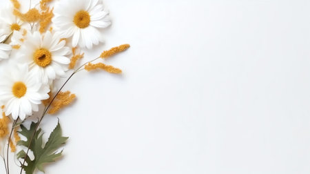 Generative AI Flowers creative composition. Bouquet of chrysanthemum flowers plant with leaves isolated on white background. Flat lay, top view, copy spaceの素材