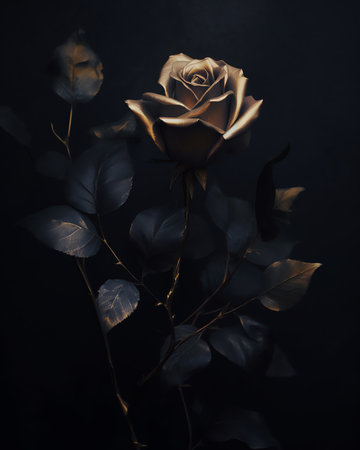 Generative AI Beautiful golden rose flower with black leaves isolated on a dark black background. Creative Halloween or mystery concept. Elegant love and passion floral idea.の素材