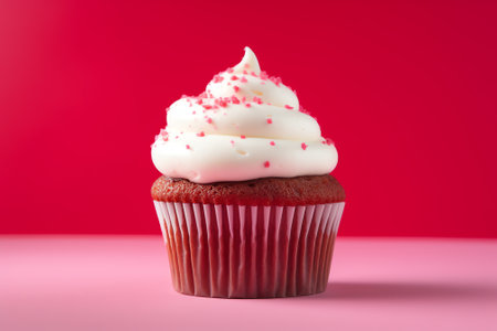 Generative AI Delicious cupcakes with cream, caramel and nuts, on red background, macro shotの素材