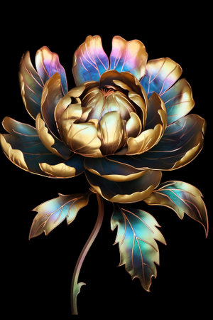 Generative AI Surreal dark chrome cyan peony flower macro isolated on blackの素材