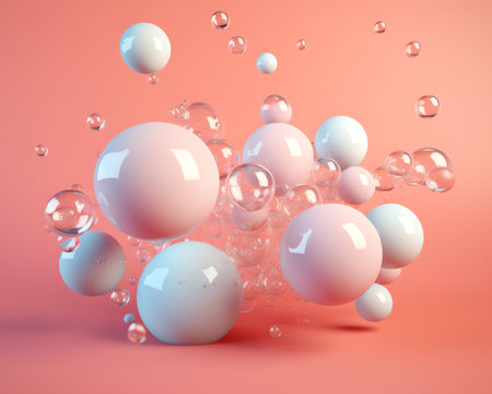 Generative AI Macro shot of different sized transparent soap bubbles creating a bubble grid on pink background | Macro shot of skincare lotion ingredients for its commercialの素材
