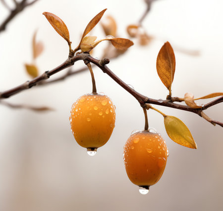 Generative AI Water drops on branch autumn weather cold rain nature macro photography cloudの素材