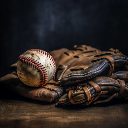 Generative AI Macro shot. Baseball. Details. There are no people in the photo. Sports background. Sports games, matches, professional and amateur sports, training, healthy lifestyle.の素材