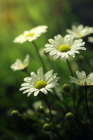 Generative AI Close-up of dew drops on fresh flowers of a white chamomile. Macro shot. Shallow depth of field, some objects out of focusの素材