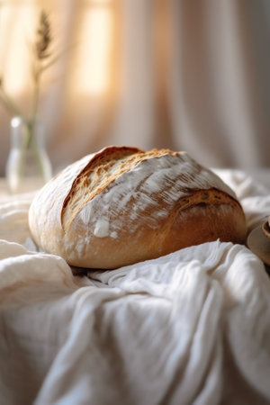 Generative AI Homemade bread on a baking paper, close up, macro photographyの素材