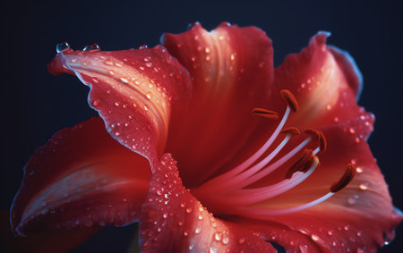 Generative AI From above macro view of bright flower anthers against red petals with spotsの素材