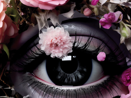 Generative AI Contemporary art collage. Romantic flowers roses eye. Eyeball in flower.Modern conceptual art poster with a rose with beautiful green eye in a mas surrealism style.の素材