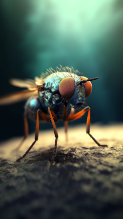 Generative AI Blue fly or Calliphora vomitoria or commonly called the orange-bearded blue bottle fly. Macro photography. Copy spaceの素材