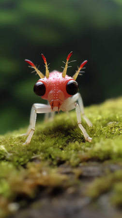 Generative AI selective focus of small dragonfly head and legs on pink leaf shoot, animal macro photographyの素材