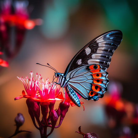 Generative AI Macro shots, Beautiful nature scene. Closeup beautiful butterfly sitting on the flower in a summer garden.の素材