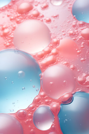 Generative AI Macro shot of two bubbles connedted each to other creating a bubble cluster on tile background | Abstract cosmetic ingredients conceptの素材
