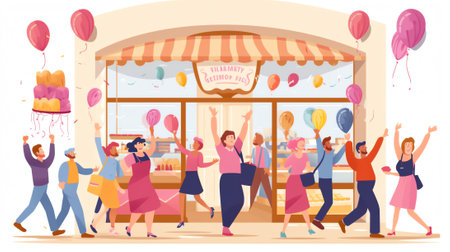 Generative AI People Eating and Cooking Bakery Concept. Tiny Male and Female Characters Presenting Homemade Bread and Wide Choice of Fresh Baked and Pastry Production for Purchase. Cartoon Flat Vector Illustrationの素材