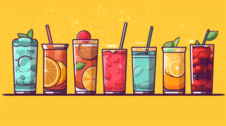 Generative AI People Drinking Cold Drinks. Male and Female Characters Choose Different Beverages in Summer Time. Glass and Plastic Cups with Straw, Fruits, Ice Cubes in Juice Water. Cartoon Flat Vector Illustrationの素材